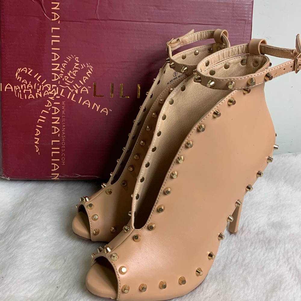 Liliana Tavi womens size 9 studded 5” stiletto heel open toe bootie boots